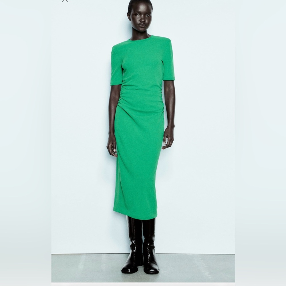 Zara Draped detail dress with shoulder pads Greenish Size M